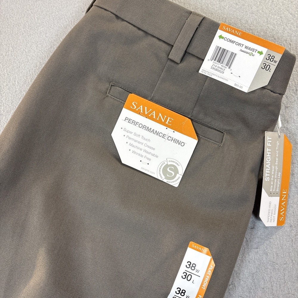 Savane Men Straight Fit Comfort Waist  NWT 38X30 Flat Front 214-Shale/Brown